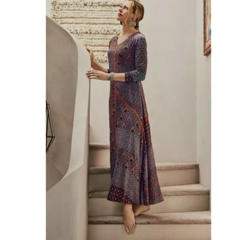 Soft Surroundings Mercado Maxi Dress Boho Beaded Embroidered Tribal Ethnic L